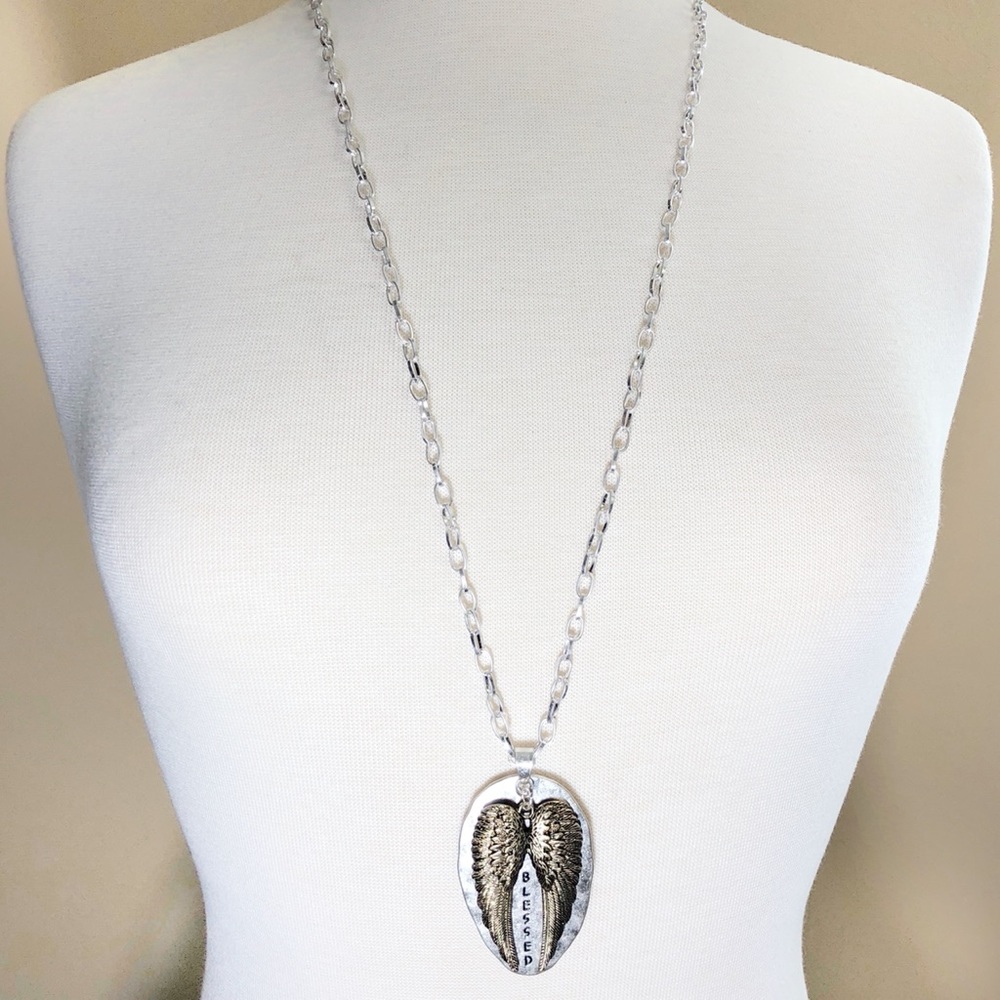 2-Tone Blessed Angel Wings Long Chain Necklace - Picture 3 of 3